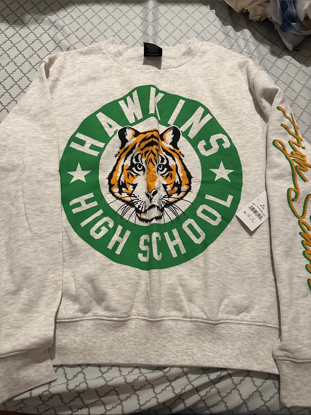 Netflix Hawkins High School Tiger Crewneck Sweatshirt - Green, Orange, White
